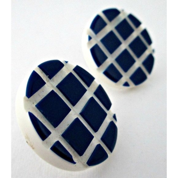 Vintage Button Earrings Blue White Check 80's Jewelry - Picture 3 of 4